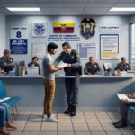 Oficina de policía, personas esperando y hablando con oficiales.