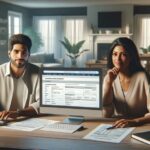 Pareja revisando documentos en casa.