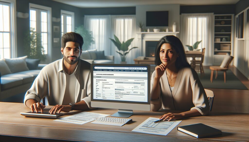 Pareja revisando documentos en casa.