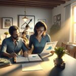 Familia revisando documentos financieros en la mesa del comedor.