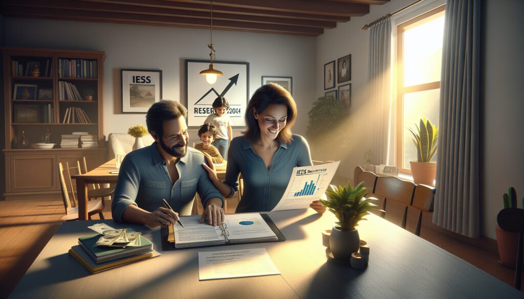 Familia revisando documentos financieros en la mesa del comedor.