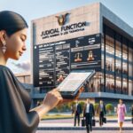 Mujer usando tablet fuera de edificio judicial moderno.