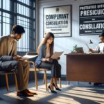 Oficina de consultas, dos personas esperando, funcionario trabajando.