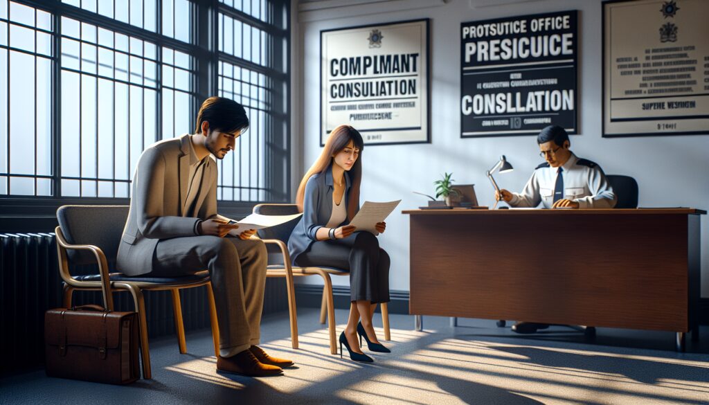 Oficina de consultas, dos personas esperando, funcionario trabajando.