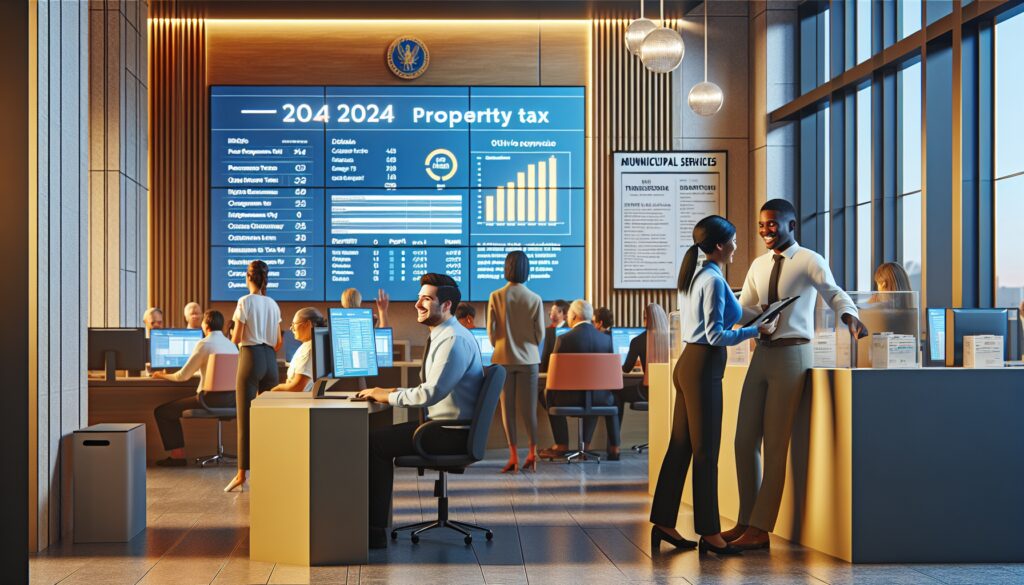 Trabajadores en oficina de servicios municipales.