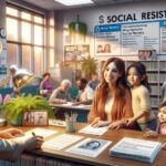 Oficina de registro social, familia solicitando servicios.