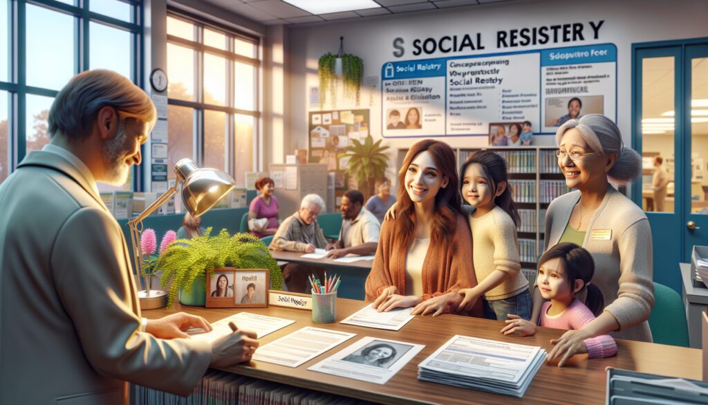 Oficina de registro social, familia solicitando servicios.