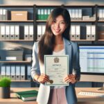 Mujer con certificado en oficina moderna.