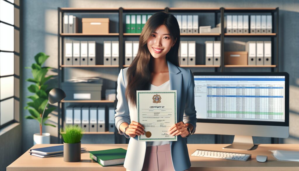 Mujer con certificado en oficina moderna.