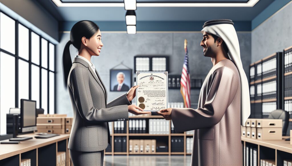 Entrega de certificado en oficina gubernamental.