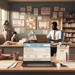 Oficina con personas trabajando y niños en el fondo.