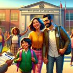 Familia sonriente en la entrada de una escuela.