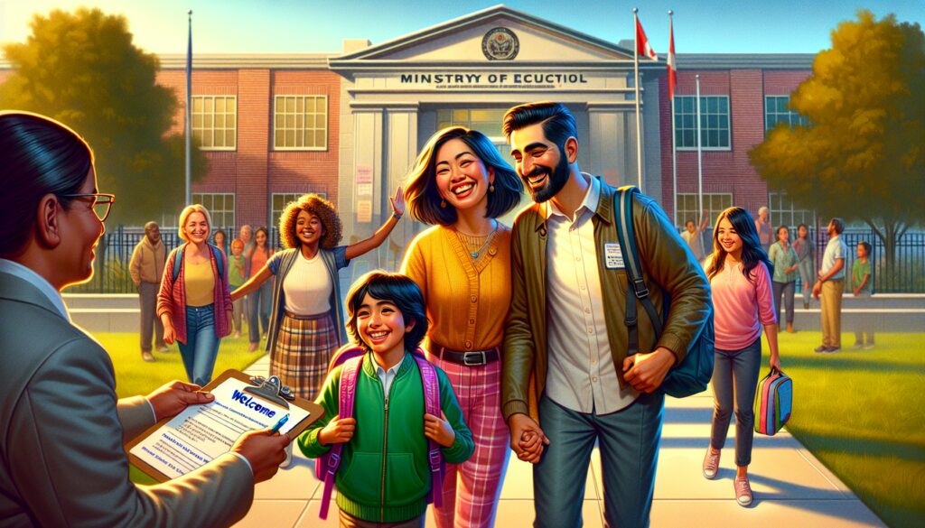 Familia sonriente en la entrada de una escuela.