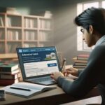 Estudiante solicitando préstamo educativo en biblioteca con laptop.