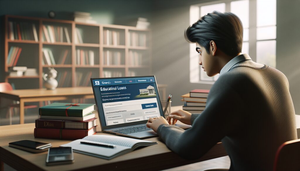 Estudiante solicitando préstamo educativo en biblioteca con laptop.