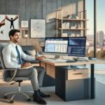 Hombre trabajando en oficina con vistas a la ciudad.