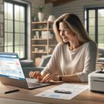 Mujer usando portátil en oficina hogareña moderna.