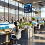 Oficina moderna con empleados trabajando en escritorios.