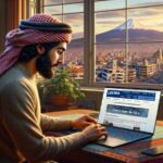 Hombre usando portátil junto a ventana con vista a montaña.