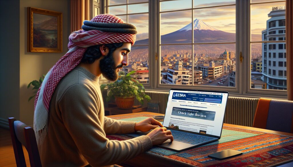 Hombre usando portátil junto a ventana con vista a montaña.