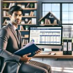 Hombre analizando informes financieros en oficina moderna.