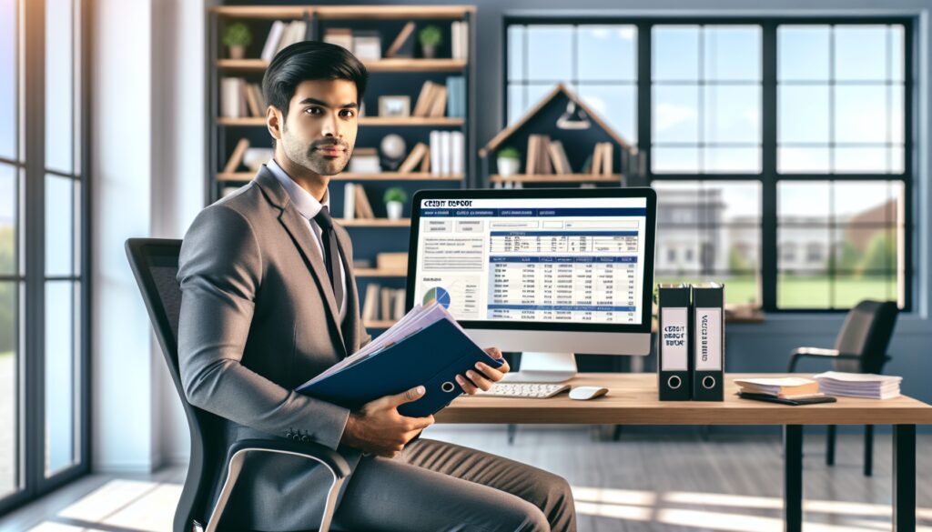Hombre analizando informes financieros en oficina moderna.
