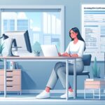 Persona trabajando en oficina moderna con ordenador y móvil.