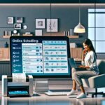 Mujer trabajando en oficina moderna con pantalla de programación.