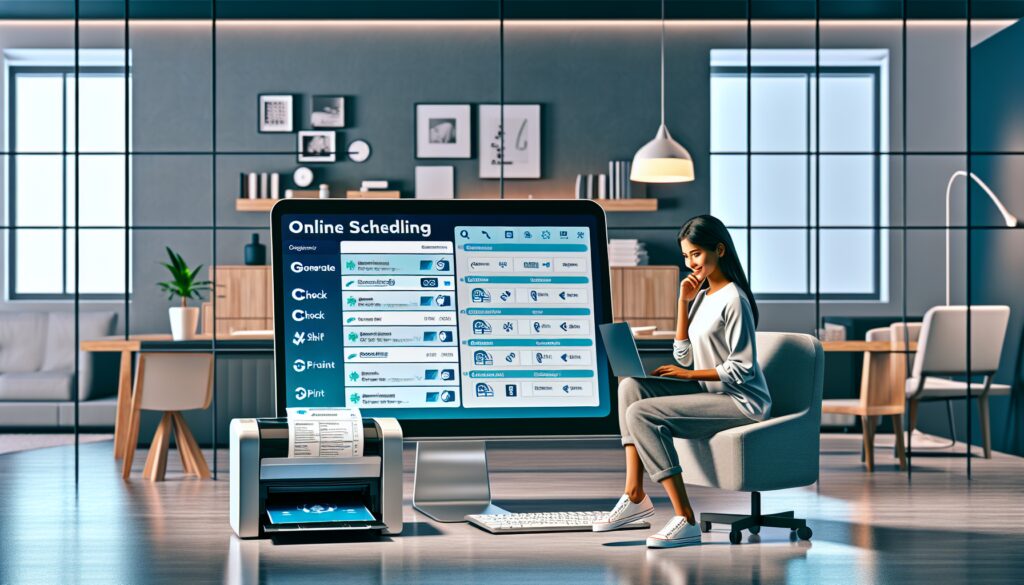 Mujer trabajando en oficina moderna con pantalla de programación.