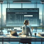 Oficina moderna con vista a la ciudad y pantalla grande