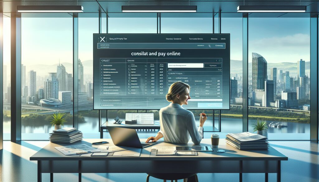 Oficina moderna con vista a la ciudad y pantalla grande