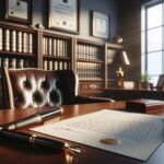 Oficina de abogado con documentos y estanterías de libros.