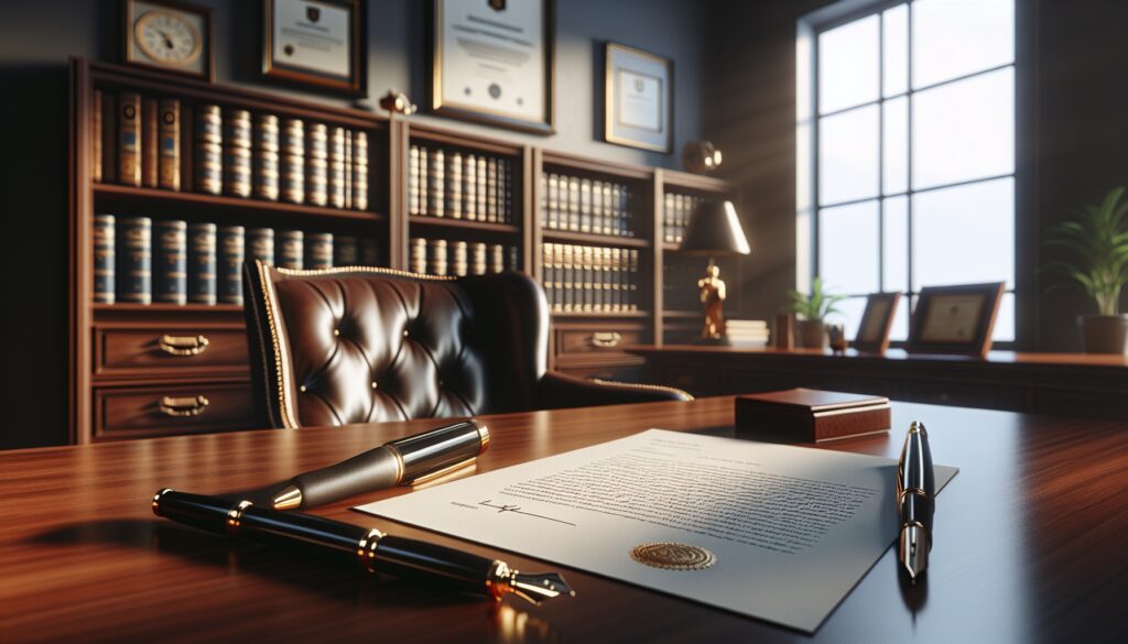 Oficina de abogado con documentos y estanterías de libros.