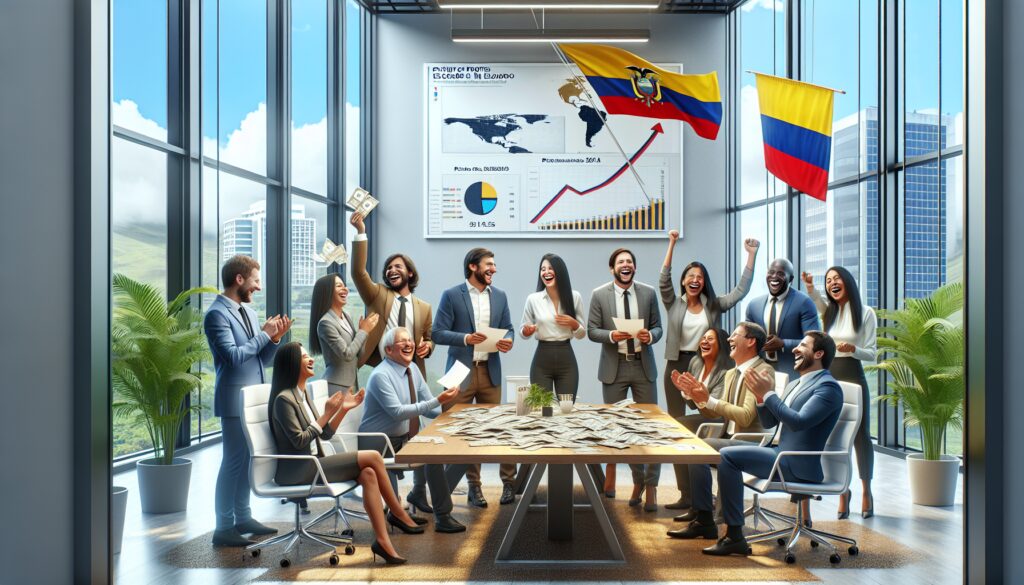 Reunión de empresarios celebrando el crecimiento económico en Ecuador.