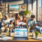 Familia usando dispositivos electrónicos y leyendo documentos en sala.