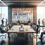 Oficina moderna con personas trabajando y tablón de anuncios.