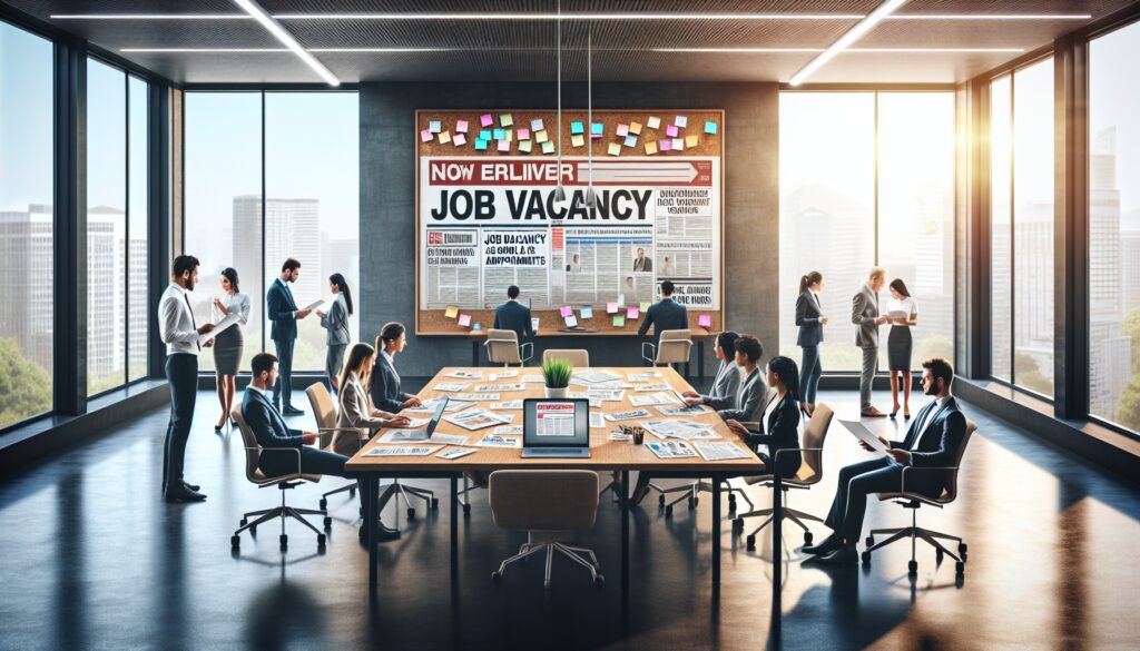 Oficina moderna con personas trabajando y tablón de anuncios.