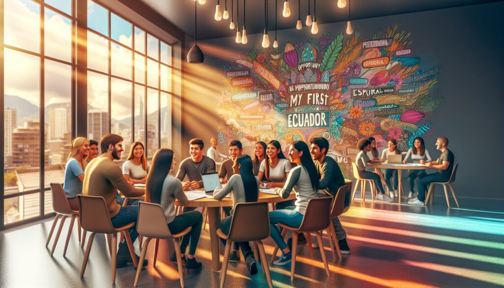 Reunión de personas en sala con mural colorido.