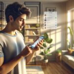 Hombre usando smartphone en sala iluminada