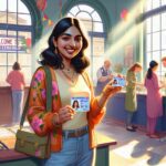 Mujer sonriente mostrando su identificación en una oficina.