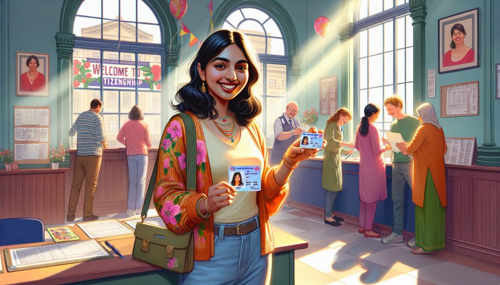 Mujer sonriente mostrando su identificación en una oficina.