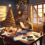 Fin de año, mujer y niño en casa navideña.