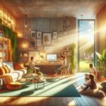 Familia en salón moderno con luz solar