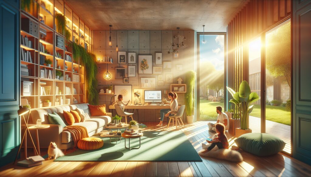 Familia en salón moderno con luz solar