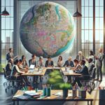Reunión de negocios en oficina con gran globo mapa.