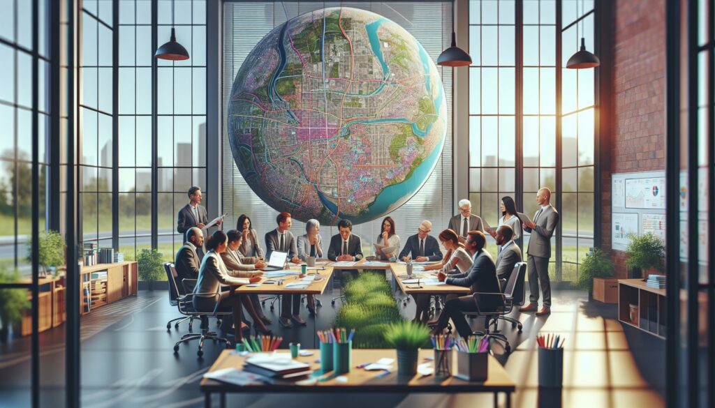 Reunión de negocios en oficina con gran globo mapa.