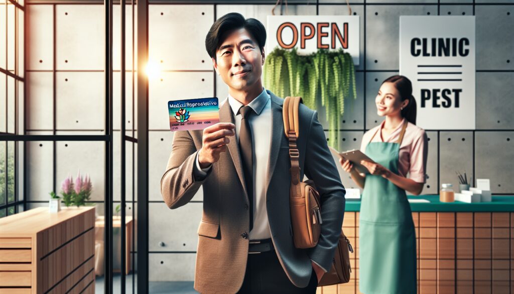Hombre mostrando tarjeta en clínica veterinaria
