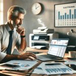 Hombre trabajando en oficina con gráficos y ordenador.