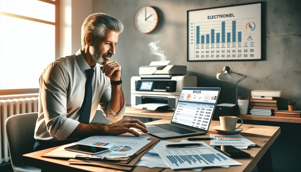 Hombre trabajando en oficina con gráficos y ordenador.