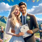 Pareja sonriente en boda al aire libre en montaña.